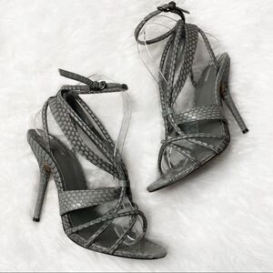 Leon Max Pastoral Snakeskin Leather Stiletto High Heel Sandals Light Gray 7.5